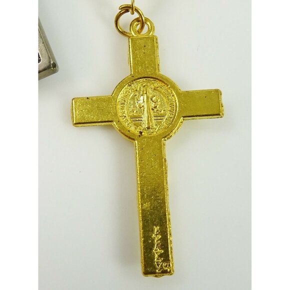 St Benedict Cross Pendant Necklace w/ White Tenner Single Decade Car Auto Rosary - Picture 5 of 6